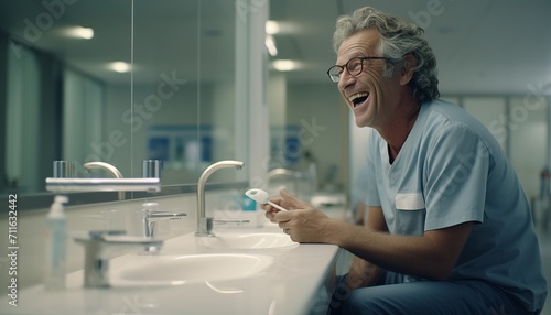 A senior european man is in a modern bathroom, cleaning his dentures with a toothbrush by the sink. photo