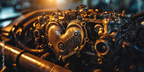 Close-up of an old car engine with a heart-shaped aluminum cover.