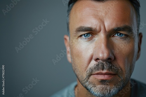 Portrait of a mature American man with gray hair and beard looking into the camera. photo