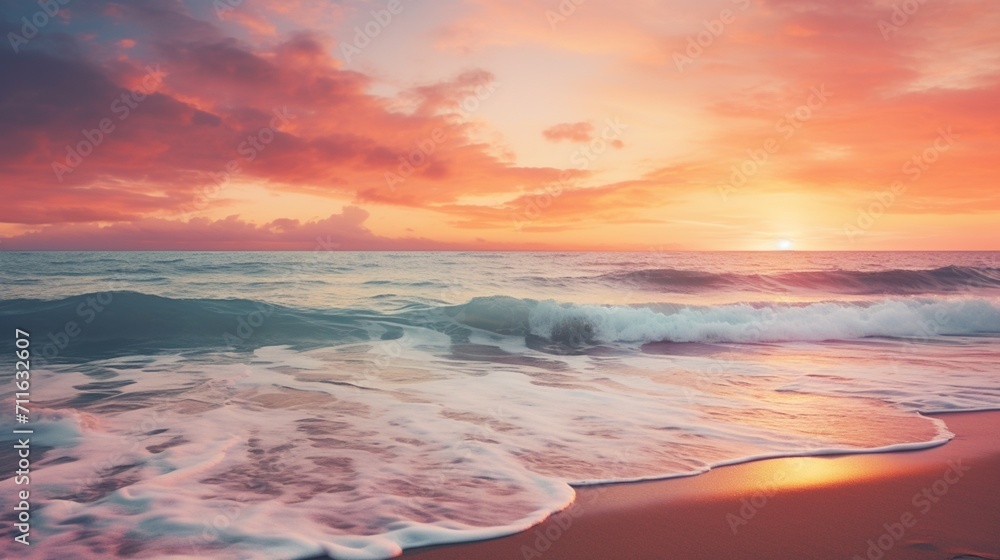Fototapeta premium A captivating beach sunset with a peaceful shoreline, presenting a space for text overlay against the horizon, invoking tranquility and beauty - Generative AI