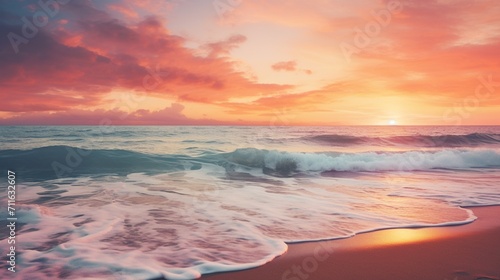 A captivating beach sunset with a peaceful shoreline, presenting a space for text overlay against the horizon, invoking tranquility and beauty - Generative AI