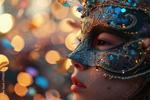 Beautiful young woman in a carnival mask on a background of bokeh