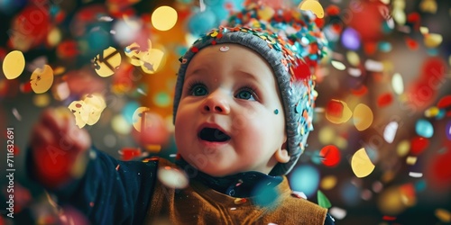 Cute baby boy in winter clothes playing with colorful confetti.