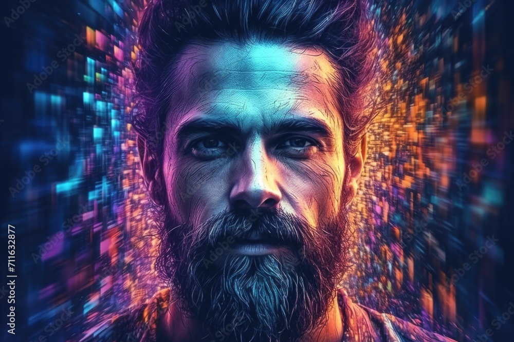 Portrait of a man with long beard and mustache on colored background in glitch art style.