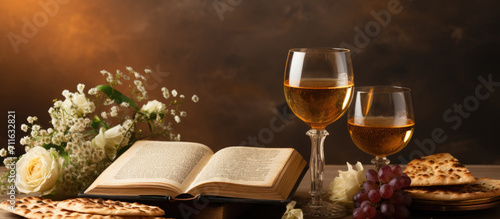 Pesah celebration concept (jewish Passover holiday). Traditional book and wine