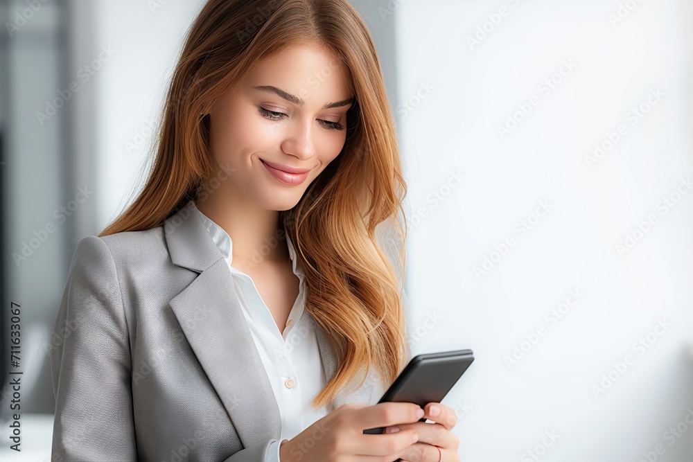 Joyful Entrepreneurial Connectivity Stylish Young Businesswoman in Formal Attire, Cheerfully Engaged with Smartphones in Office, Copy Space Available. created with Generative AI Joyful Entrepreneurial Connectivity Stylish Young Businesswoman in Formal Attire, Cheerfully Engaged with Smartphones in Office, Copy Space Available. created with Generative AI