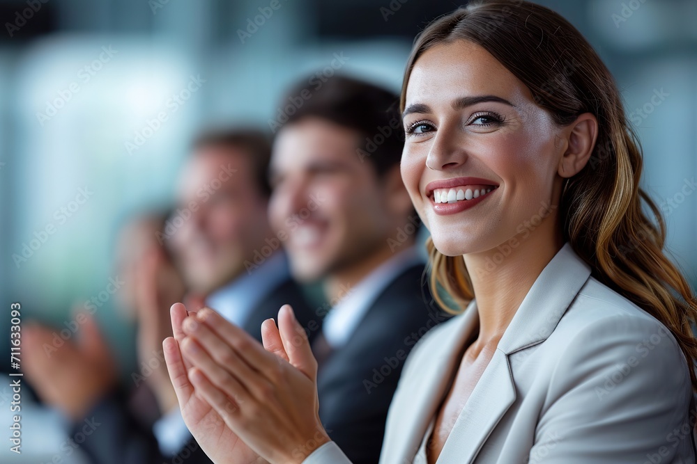 Collaborative Success Smiling Group of Businesspeople Applauding During a Unified Presentation in a Vibrant Office Environment. created with Generative AI Collaborative Success Smiling Group of Businesspeople Applauding During a Unified Presentation in a Vibrant Office Environment. created with Generative AI