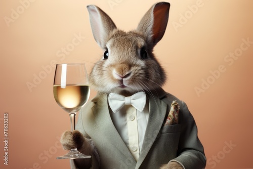 Easter bunny in business suit with a glass of white wine on brown background. Creative Easter concept. © Владимир Солдатов