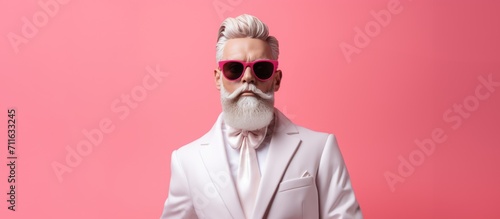 Foto Portrait of stylish senior man with white beard and sunglasses isolated on pink