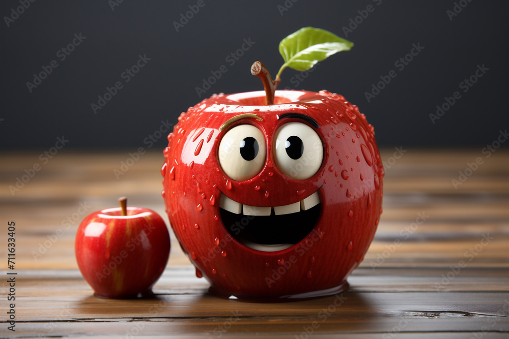 An apple in cartoon character style, 3d style, next to another apple, on a wooden table, and gray background. Digestive issues, eating issues.