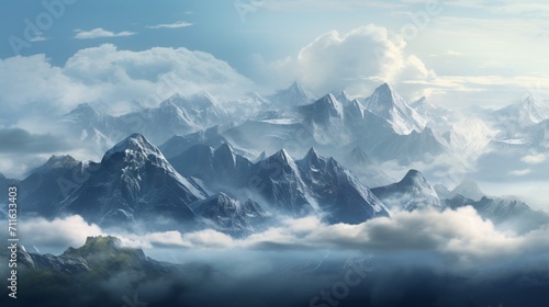 A captivating mountain range enveloped in mist and clouds, providing a scenic area for text placement amidst the majestic peaks. - Generative AI