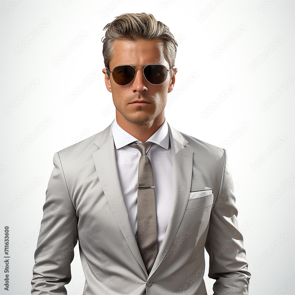 Portrait of a man in a grey suit and sunglasses isolated on white background Portrait of a man in a grey suit and sunglasses isolated on white background