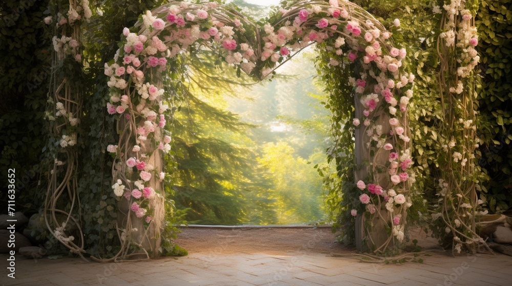 A charming garden archway adorned with heart-shaped vines and flowers, providing a serene space for text overlay in the romantic garden setting - Generative AI