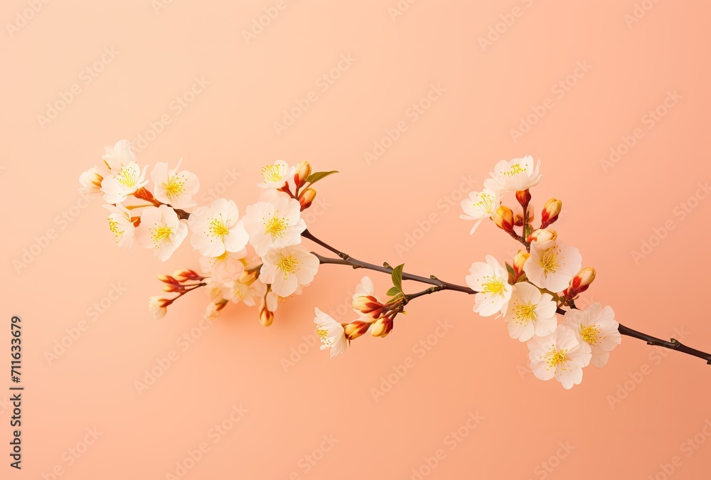 Fototapeta premium Elegant cherry blossom branch with flowers and buds against a soft pink backdrop
