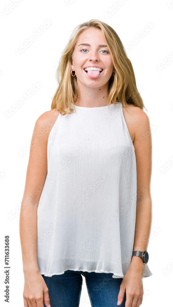 Beautiful young elegant woman over isolated background sticking tongue out happy with funny expression. Emotion concept.