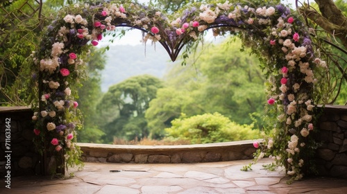 A charming garden archway adorned with heart-shaped vines and flowers, providing a serene space for text overlay in the romantic garden setting - Generative AI