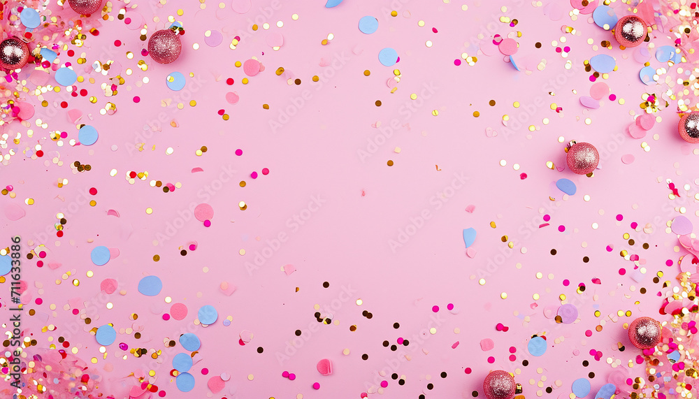 Colorful Confetti and Sparkles on a Trendy Pink Pastel Background