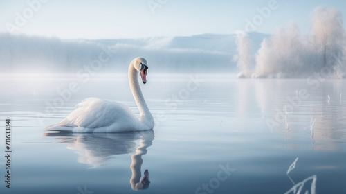 A white swan on a frozen lake in winter