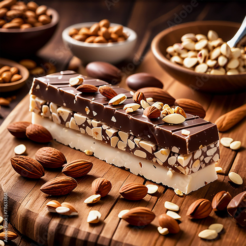 Delicious Mouthwatering Almond Chocolate Nougat Candy Bar on Wooden Board with Crushed Nuts on Top Breathe Taking Mesmerizing Milky Bar Culinary Art of almond chocolate nougat candy bar Extravaganza photo