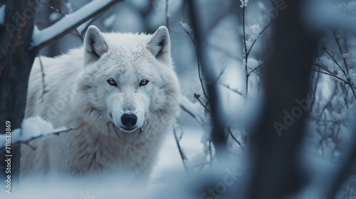 A white wolf in the forest in winter