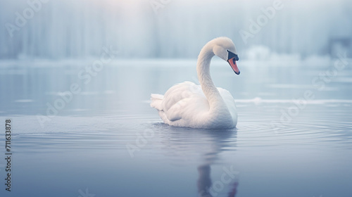 A white swan on a frozen lake in winter