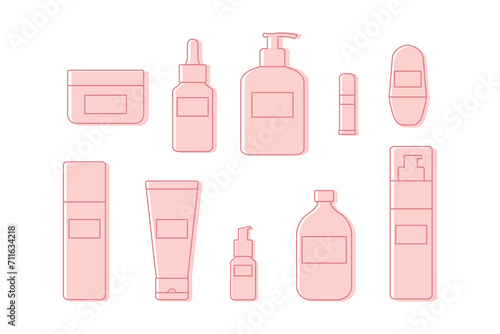 Set of cosmetic products icons outline. Abstract bottles and tubes for beauty and skin care. Vector illustration