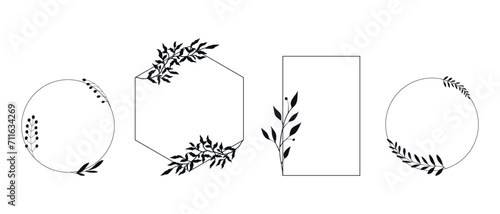 Set of elegant templates with hand drawn botanical elements. Different geometric shaped frames with plants. Vector illustration