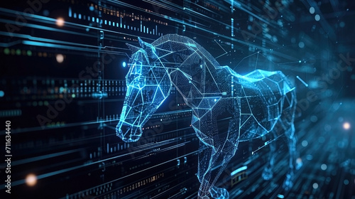 Trojan horse, malicious software, code as legitimate program. Malware carrying out unauthorized, harmful actions, accesses. Deceiving users, compromising data security. Concept. Data stealing. photo