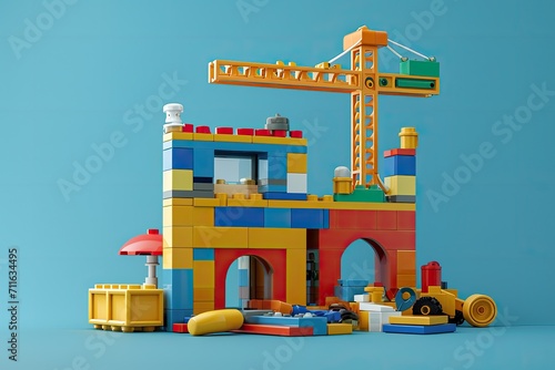 colorful construction scene set against a solid blue background
