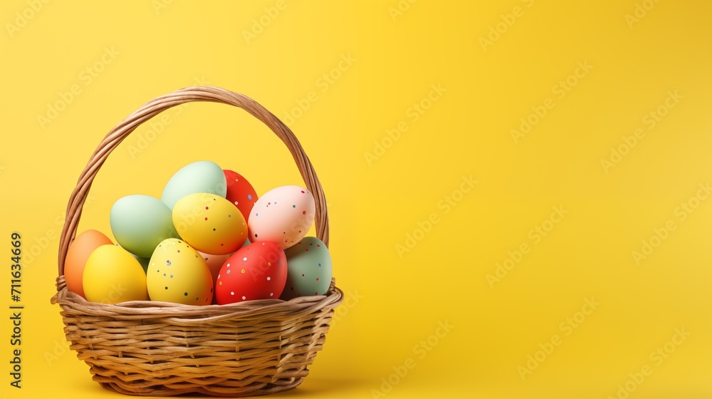 Fototapeta premium Classic wicker Easter baskets filled with colorful eggs are placed against a bright yellow background
