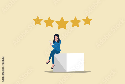 Business woman with laptop are giving review rating and feedback. concept of excellence or great service, quality, and good reputation