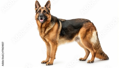 Feature a German Shepherd in a proud and alert stance against a clean white background, highlighting the breed's intelligence and loyalty.