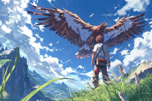 Anime Hero Scouting The Skies With Trusty Eagle Companion photo