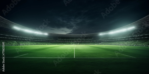 An empty soccer stadium lit up at night with a lush green pitch under a dramatic evening sky.