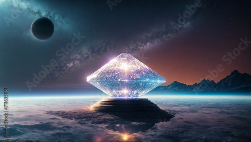 crystalline structure on pedestal placed on strange otherworldly planet