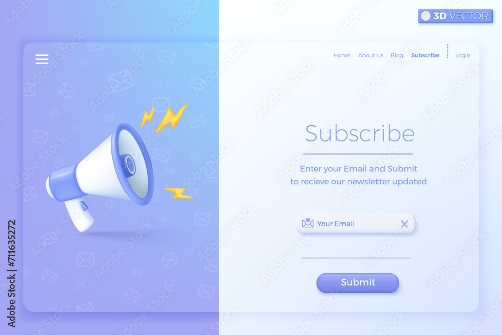 3D Subscribe to newsletter and promotions banner template. Invitation to join customer awareness. Email business marketing concept. 3D vector isolated illustration, Cartoon pastel Minimal style. - obrazy, fototapety, plakaty 