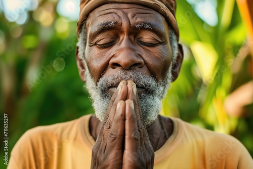 Caribbean Man Bowing In Prayer, Seeking Strength And Guidance From Above photo