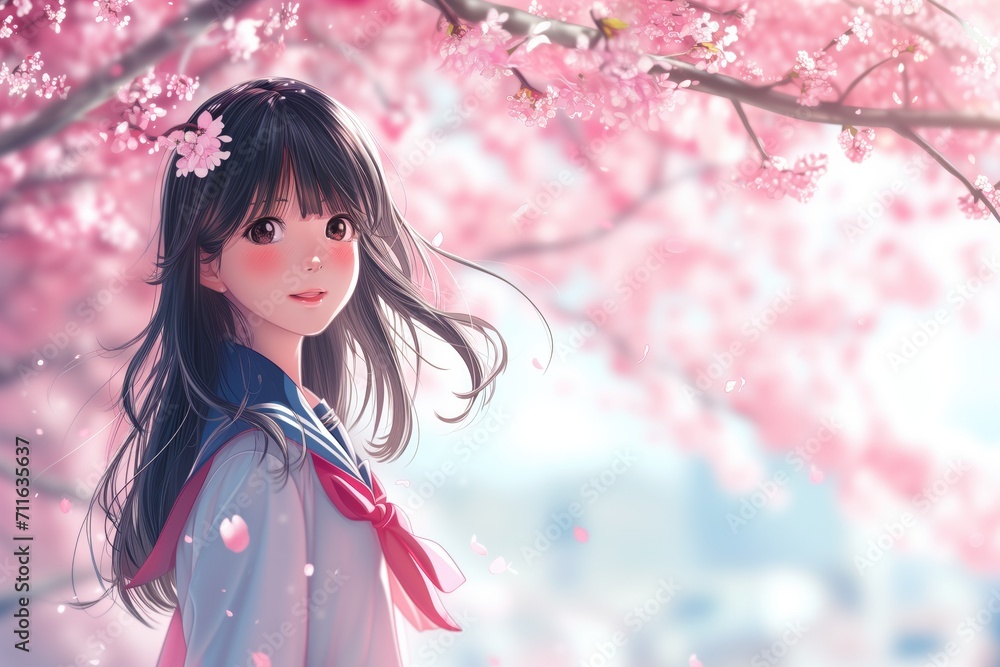 Cute Japanese Girl In School Uniform Cherry Blossom Cute Japanese Girl In School Uniform Cherry Blossom