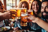 Cheers to Friendship Multiracial Group of Happy Friends Having Fun, Toasting with Beer in a Vibrant Bar Atmosphere. created with Generative AI