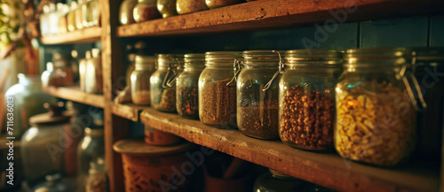 Wallpaper Mural Rustic pantry shelves filled with jars of grains and legumes, casting a warm, homey glow Torontodigital.ca