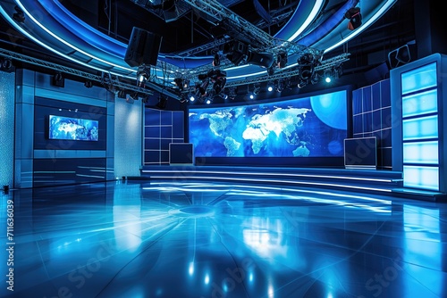Sleek Blue Global Broadcasting Backdrop With Spacious Open Area