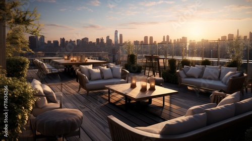 A chic city rooftop bar with panoramic city views  offering space for text placement amidst the stylish atmosphere and cityscape backdrop. - Generative AI