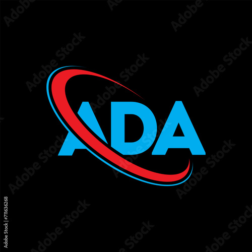 ADA logo. ADA letter. ADA letter logo design. Initials ADA logo linked with circle and uppercase monogram logo. ADA typography for technology, business and real estate brand.