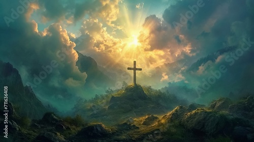 A cross on a hill with the sunset in the background. Easter concept. Generative AI.