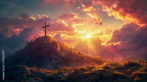 A cross on a hill with the sunset in the background. Easter concept. Generative AI.