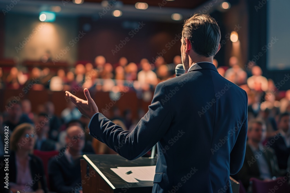 Obraz premium Motivational Speaker Addresses Audience At Business Event, Capturing Their Attention