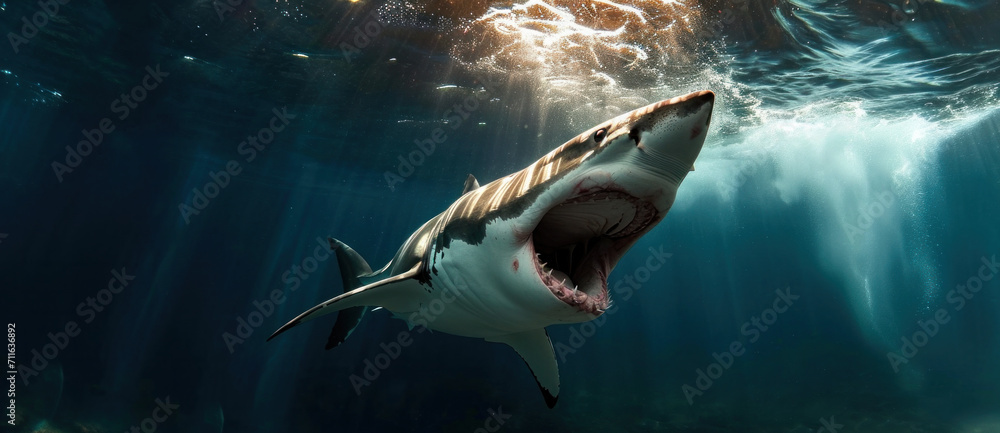 Majestic great white shark swimming powerfully, with sunlight filtering through the ocean’s surface