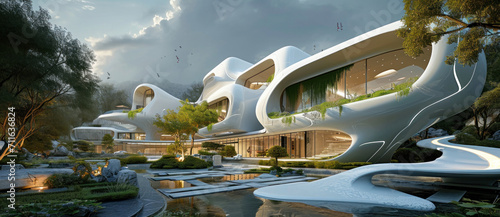 Futuristic architecture melds with nature, creating a harmonious blend of organic design and serene landscape