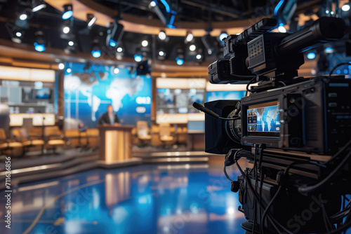 Newsroom Set With Tv Camera, Anchor Seen On Small Display, Broadcasting Channel