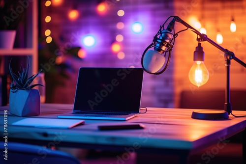Podcasting Setup With Microphone, Laptop, And Onair Lamp On Table photo